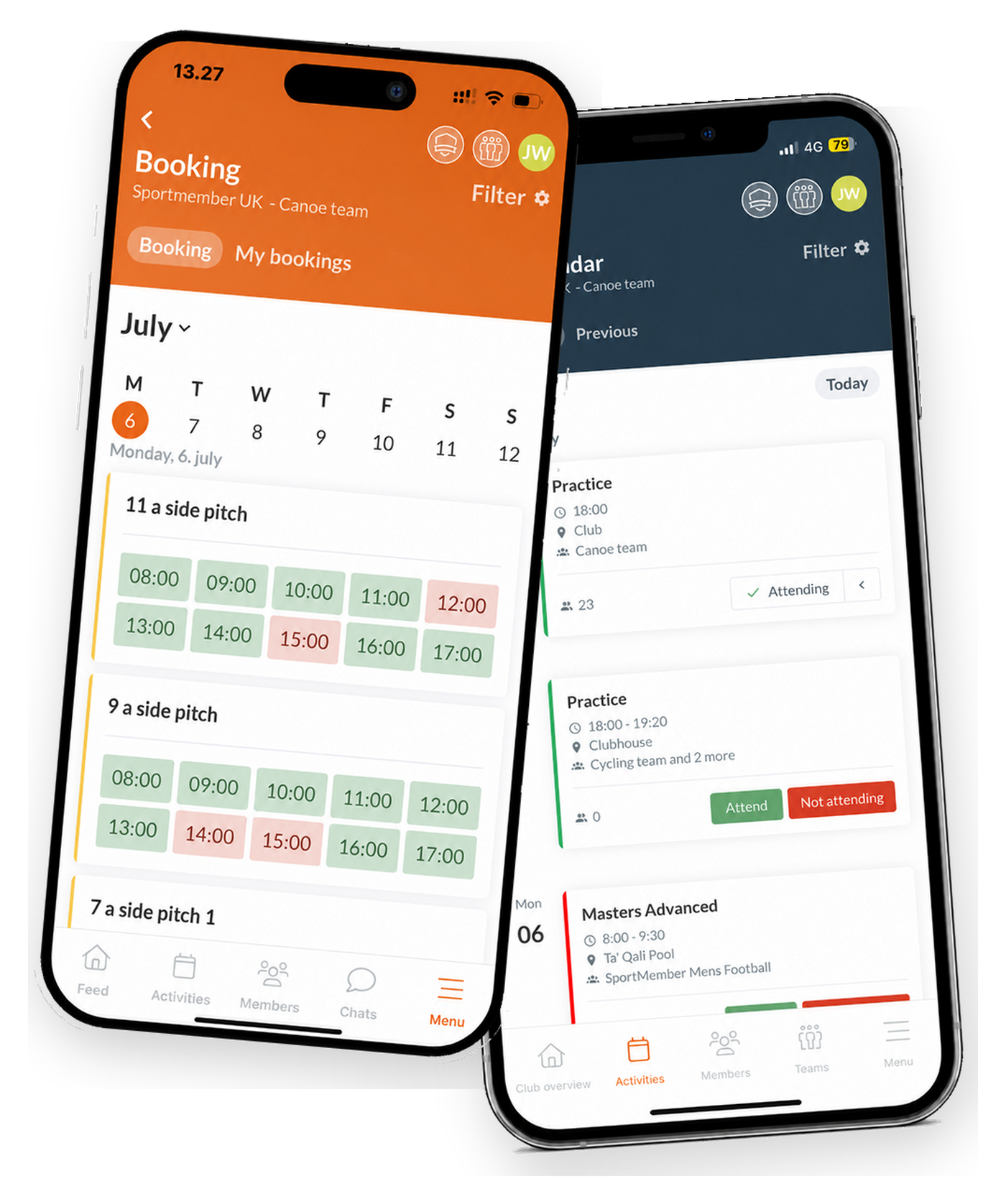 The SportMember app on two phones: pitch and court booking with time slots, and the club calendar